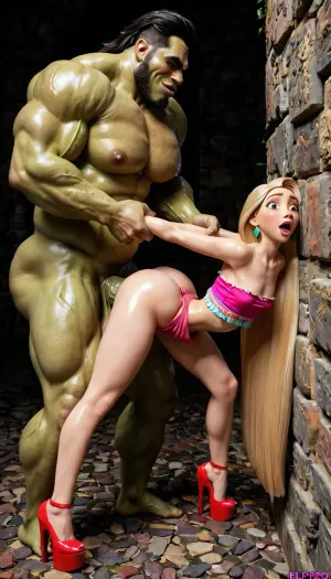 side view, in the castle, fuck from behind, suspended doggystyle sex, legs dangling in the air, rapunzel, lean body, (miicrobody:1.3), cutie, (ultrashort chested:1.2), impossible fit, erect nipples, pink miicro tube top, pink miicro thong, pink platform heels, collarbone visibleir, (waspwaist:1.3), blonde, arched back, bending over, gigantic monster man, man giant body, man extremely taller than el dorado rapunzel, (man much taller:1.3), carrier suspended doggystyle sex, legs bent in the air, arms in the air, gigantic orc with hyper cock next to her, dick extremely bigger than rapunzels ass, (hyper cock:1.3), extreme anal sex destroyed the ass with a dick extremely bigger than the ass, kneading the ass, twitching, bouncing line ass, motion effects, sound effects, moans, open eyes, wide eyes, large eyes, shiny skin, glowing skin, full body