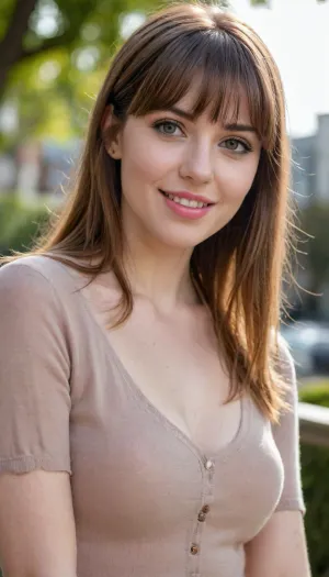 35 yo girl, very flirty pose, sideview, ((girl next door)), pretty, natural beauty, medium breasts, ((cute tall tall tall tall but average appearance:1.3)), ((cute tall tall tall tall)), ((pale skintone:1.2)), ((little bit chubby:1.4)), very flirty smile, showing teeth, ((unkempt hair)), ((straight hair:1.3)), ((symmetrical hair:1.5)), ((perfect fringe hair:1.5)), ((light brown bright hair)), ((very cute tall tall tall tall average youthful face:1.5)), outside, photorealistic, ((perfect composition)), ((perfect contrast:1.5)), ((perfectly balanced exposure:1.5)), ((perfect focus:1.5)), ((extremely realistic detailed lighting:1.5)), ((extremely realistic detailed shadows:1.5)), ((extremely detailed:1.3)), ((extremely high resolution:1.3)), ((16K UHD:1.5)), ((extremely realistic detailed skin texture:1.5)), ((extremely realistic detailed skinpores:1.5)), ((extremely realistic detailed face:1.5)), ((extremely realistic detailed eyes:1.5)), ((extremely realistic detailed hair:1.5)), focus on eyes, ((fully clothed:1.5)), random colored clothing, ((beautiful stylish clothing:1.5)), ((detailed clothing:1.5)), ((detailed environment:1.5)), Sweet_Sticky_xl-01, <lora:EnvyZoomSliderXL01:-1>, <lora:add-detail-xl:.5>, <lora:Sweet_Sticky_xl-01:.5>, <lora:neanderthal_last:.7>