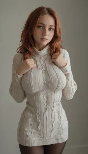 (Ultimate sweater girl with sexy tight waist and massively busty. Extremely busty:1.5), naturally perky boobs, (firm breasts:1), jiggly breasts, bouncy breasts, squishy breasts, long pigtails, cute freckled face, skinny fit body, flaunting sex appeal pose, office setting, sweaterdress, thigh high stockings, bright green eyes, red ginger hair, tight abs, abs, snug sweaterdress, thin sweaterdress, knee length sweaterdress, (sheer sweaterdress:.5), toned muscles, sexy toned fit body, exaggerated sexual curves, braless, (boobs pressed together:1), flat stomach, tight waist, sexy abs, nearly see-through dress