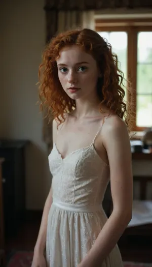 20 year old ginger girl, lots of freckles, light red hair, very curly hair, mullet, small upturned nose, thin lips, big eyes, skinny body, lanky body, thin, young girl, tight and firm, 18 years old girl, very slim girl, messy hair, Best quality, realistic, slim waist, Looking at the camera, fresh face, shy look, pale, very petite girl, very detailed, (((full body))), beautiful wedding dress, <lora:eGirls_XL_v1:.5>