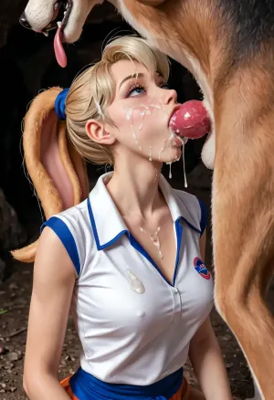 Lola bunny animal character from spqfe jam movie, (lola bunny style, clothes style, lola bunny hair style), on knees in cave, under a big dog, sucking two dog knots, balls deep, deepthroat, throat x-ray, throat bulge, bulged throat from dogs knot, cum in throat, blowjob, zoophilia, bestiality, detailed, cum on face, cum in hair, cum on clothes, detailed hand, masturbating dogs testicles, chocovenus