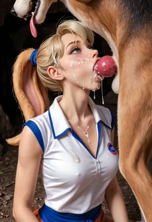 Lola bunny animal character from spqfe jam movie, (lola bunny style, clothes style, lola bunny hair style), on knees in cave, under a big dog, sucking two dog knots, balls deep, deepthroat, throat x-ray, throat bulge, bulged throat from dogs knot, cum in throat, blowjob, zoophilia, bestiality, detailed, cum on face, cum in hair, cum on clothes, detailed hand, masturbating dogs testicles, chocovenus