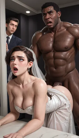 interracial, (very pale woman:1.7), (brothalovers:1.5), (caught cheating:1.8), (husband looking from distance:1.6), (screaming struggling:1.4), (doggystyle sex:1.2), chubby milf, (transparent wedding dress:1.3), moisture art, dross art, black walls, long hair, sweaty, tall, beautiful 4k white wife, short slim chubby woman, big lips, perfect face details, tall african man, (very muscular gigantic african brute:1.2), standing with hands on table, undressing, black man fucking doggystyle, massive cock fucking, rough sex, (low light in dark room:1.3), brutal fucking, aidxlv05_neg, dark, chiaroscuro, low-key, <lora:sdxl_darkflash_v6-000060:.8>, <lora:real-humans-PublicPrompts:1.5>, <lora:zavy-cntrst-sdxl:.8>
