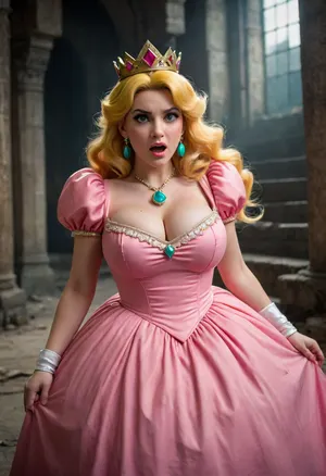 (Princess Peach), (distressed expression), pink princess dress, (((massive breasts))), ((large breasts tearing dress)), crown on head, yellow hair, dark gray/brown dungeon-like setting, teal gem on chestpiece, frustration/anxiety in her expression.