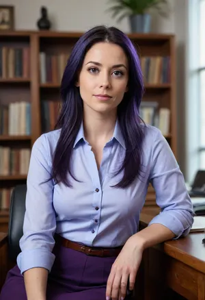 A woman principal, in a light blue button-up shirt, sits in a dark wooden chair behind a wooden desk., (She has long straight deep-purple/indigo hair and a serious expression), (angular features), . Her clothing style and posture suggest a professional, academic, setting. She is sitting, and her body is slightly angled to the side. The background is a well-lit office, with bookshelves filled with various books. The colors are muted, with soft tones of light blue, dark brown, and purple. room with ample natural light. There's a plant in the background to the right. a pen and notebook, in hand. Slightly exaggerated female features, including bust size and facial features.