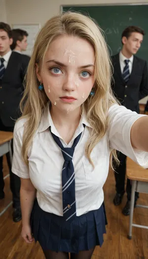 Cum on face, facial cum, high school uniform, selfie, 18 year old female, used condom on face, blonde hair, loose hair, annoyed female, black pantyhose, classroom, hogwarts school uniform, luna, lovegood, shocked, nonplussed, <lora:luna lovegood:1>, <lora:shocked:.8>, <lora:crowd_notrigger:.8>