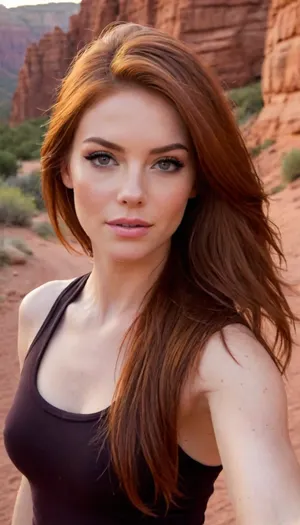 ziprealism, (score_9, score_8_up, score_7_up), (medium full shot, cowboy shot, sharp focus, focus on eyes, perfect eyes:1.2), (high saturation, vibrant colors:.4), (muscular body, muscular shoulders, biceps, wide jaw, strong jawline, high chiseled cheekbones), (playful eye contact, soft shy smile), (vibrant auburn hair with dark undertones, loose strands of hair, sporty hairstyle:1.4), (tight tank top, playful esthetic, natural lighting, scenic landscape, red rock slot canyon), igbaddie, <lora:igbaddie-XL:.4>