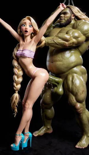 side view, in the castle, fuck from behind, suspended doggystyle sex, legs dangling in the air, rapunzel, lean body, (miicrobody:1.3), cutie, (ultrashort chested:1.2), impossible fit, erect nipples, pink miicro tube top, underboob, pink miicro panties, white platform heels, collarbone visibleir, (waspwaist:1.3), blonde, arched back, bending over, gigantic monster man, man extremely taller than rapunzel, (man much taller:1.3), carrier suspended doggystyle sex, legs bent in the air, arms in the air, gigantic orc with monster cock next to her, massive monster cock, anal sex destroyed asshole cock bulge all the way through, crushing Rapunzel, kneading the ass, twitching, bouncing line ass, motion effects, sound effects, moans, open eyes, wide eyes, shiny skin, glowing skin