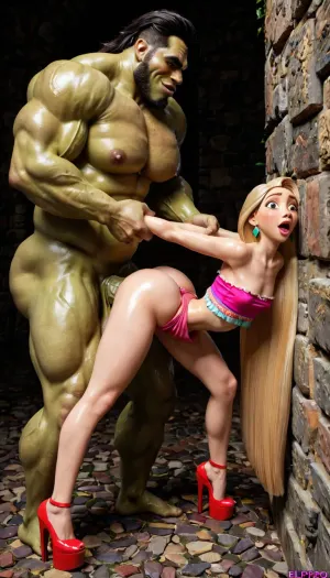 side view, in the castle, fuck from behind, suspended doggystyle sex, legs dangling in the air, rapunzel, lean body, (miicrobody:1.3), cutie, (ultrashort chested:1.2), impossible fit, erect nipples, pink miicro tube top, pink miicro thong, pink platform heels, collarbone visibleir, (waspwaist:1.3), blonde, arched back, bending over, gigantic monster man, man giant body, man extremely taller than el dorado rapunzel, (man much taller:1.3), carrier suspended doggystyle sex, legs bent in the air, arms in the air, gigantic orc with hyper cock next to her, dick extremely bigger than rapunzels ass, (hyper cock:1.3), extreme anal sex destroyed the ass with a dick extremely bigger than the ass, kneading the ass, twitching, bouncing line ass, motion effects, sound effects, moans, open eyes, wide eyes, large eyes, shiny skin, glowing skin, full body