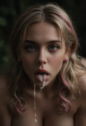 Close up of tits, huge round tits, huge perky tits, huge firm tits, tits are covered in excessive cum, Juliet Starling, blonde pigtails with pink highlights at the ends, young face, mouth open, oral creampie, outdoors at night, <lora:dark:.8>, <lora:SDXLHighDetail_v6-000005:.8>