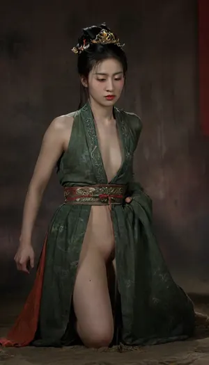 (In a crowded ancient military parade:1.6), (Before and After), ((ancient chinese woman)), ((messy hairstyle, long hair, bun)), ((light makeup, Make a tired face, close your eyes:1.3)), (tears dripping:1.4), (mouth open:1.1), (((Embarrassed expression, blushing shameful depressed painful submissive expression:1.5))), ((28 years old)), (slender long legs:1.5), ((high detailed body)), ((high detailed clothes)), (photorealistic:1.4), Best quality, masterpiece, ultra high res, (1girl), (ancient chinese clothes gracefully before:1.3), (completed naked after:1.4), (ancient chinese green robes), ((ancient chinese skirt)), ((crawling on the ground, on all fours:1.8)), ((long legs, bare legs)), ((green clothes torn, very dirty:1.3), (red clothes torn open revealing naked breasts:1.4), (nipples perk, medium size breasts:1.4), (thick dense pubic hair unshaved:1.3)), (wool shawl:1.4), visible pussy, open pussy, wet pussy, black pubic landing strip, (Military Parade in ancient ceremony:1.5), ，, (view afar, view from below, full body view:1.5), front view, szhf, dress, Beautiful, Chinese, girl, hinaigirl, **lying on a carpet**, do, you, like, my, bum, <lora:szhf:1.8>, <lora:dark:.8>, <lora:actress_ej_JuggXL_3:1.6>, <lora:ShogunXL:1.5>, <lora:doyoulikemybum:1.5>