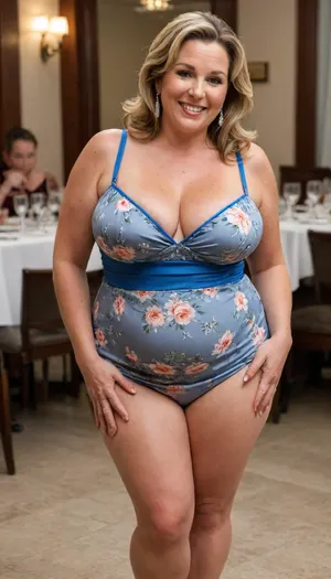 Full portrait picture of a fat obese 50 year old mature woman, gilf, in a fancy restaurant, plump waist, big fupa, puffy cameltoe, wide hips, big hips, fat round face, slicked-back hair, wide bowed lips, lips parted, smiling, laugh lines, wrinkles around eyes, fully dressed, spaghetti strap dress, posing, white and blue floral, wearing a wedding ring with a big diamond on her left hand, downblouse, nipslip, <lora:RealDownblouseXL2:.8>