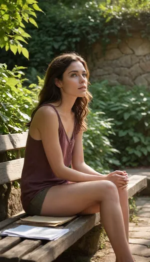 Create an outdoor scene depicting a contemplative woman, approximately 33 years old, with a mix of curiosity and uncertainty etched on her facial expression, as if she's unraveling a long-held mystery. Her skin tone is a warm, golden brown, with dark brown hair falling in soft, loose waves down her back. Her eyes, a deep shade of brown, look inward, as if searching for answers. She sits on a weathered wooden bench, surrounded by lush greenery, with leaves and vines crawling up the stone walls behind her. A few scattered papers or torn journal pages lie around her feet, with scribbled notes and questions, hinting at her recent discovery. The atmosphere is serene, with soft, warm sunlight casting dappled shadows on the scene, evoking a sense of introspection and self-discovery.