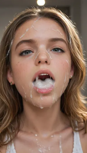 A young 18 year old girl covered in cum, neoteny, (excessive cum:1.8), cute girl, perfect smooth skin, unblemished complexion, Masterpiece, cute, (freckles), blonde wavy hair, wavy hair, (cum in hair), expressive facial expressions, full black eyes, (pitch black eyes, cosmic black:1), (black sclera:1), full eye black contact lenses, shot on a Sony a7III --style raw, covered in cum, (masterpiece), high resolution, realistic, best quality, best lighting, bukkake, cum pooled in mouth, cum drool, cum dripping out of mouth, cum in hair, (8k, RAW photo, best quality, masterpiece:1.2), (realistic:1.3), (photorealistic:1.3), ultra-detailed, (high detailed skin:1.2), 8k uhd, dslr, soft lighting, high quality, film grain, Fujifilm XT3, beautiful lighting, cum, on, face, rha3, woman, long, hair, blonde, targaryan, millyalc, millyalcock, <lora:JustCum:1>, <lora:rhaenyra young - rha3 woman sdxl:1.9>, <lora:sdxl_millyalc_v1:1.6>, <lora:Milly-Alcock-SDXL-v2-000032:1.6>