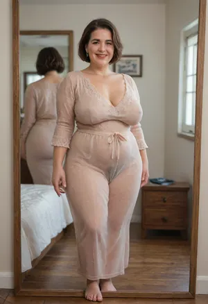 Full portrait picture of a curvy 50 year old mature woman, gilf, (hairy pussy, 1.7), in a bedroom, mirror, plump waist, big fupa, puffy cameltoe, wide hips, big hips, fat round face, bob cut brunette with highlights hair, slicked-back hair, wide bowed lips, lips parted, smiling, laugh lines, wrinkles around eyes, fully dressed, wide, hips