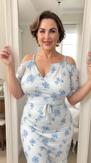 Full portrait picture of a 50 year old mature woman, gilf, in a bedroom, mirror, reflection, saggy, plump waist, big fupa, puffy cameltoe, wide hips, big hips, fat round face, brunette with highlights hair, slicked-back hair, wide bowed lips, lips parted, smiling, laugh lines, wrinkles around eyes, fully dressed, dress, posing, white and blue floral, <lora:KATU-15:.1>