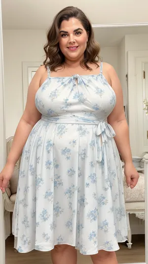 Full portrait picture of a obese 50 year old mature woman, gilf, in a bedroom, mirror, reflection, saggy, plump waist, big fupa, puffy cameltoe, wide hips, big hips, fat round face, brunette with highlights hair, slicked-back hair, wide bowed lips, lips parted, smiling, laugh lines, wrinkles around eyes, fully dressed, sleeveless dress, posing, white and blue floral, <lora:KATU-15:.2>