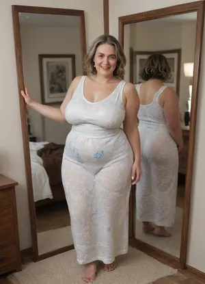 Full portrait picture of a obese 50 year old mature woman, gilf, in a bedroom, mirror, reflection, saggy, plump waist, big fupa, puffy cameltoe, wide hips, big hips, fat round face, dark blonde with highlights hair, slicked-back hair, wide bowed lips, lips parted, smiling, laugh lines, wrinkles around eyes, fully dressed, sleeveless dress, posing, white and blue floral