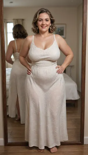 Full portrait picture of a obese 50 year old mature woman, gilf, in a bedroom, mirror, reflection, saggy, plump waist, big fupa, puffy cameltoe, wide hips, big hips, fat round face, dark blonde with highlights hair, slicked-back hair, wide bowed lips, lips parted, smiling, laugh lines, wrinkles around eyes, fully dressed, sleeveless dress, posing, white and blue floral
