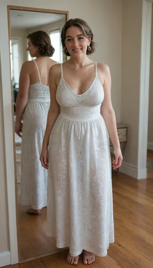 Full portrait picture of a obese 50 year old mature woman, gilf, in a bedroom, mirror wall, reflection, saggy, plump waist, big fupa, puffy cameltoe, wide hips, big hips, fat round face, dark blonde with highlights hair, slicked-back hair, wide bowed lips, lips parted, smiling, laugh lines, wrinkles around eyes, fully dressed, sleeveless sundress, posing, white, blue floral