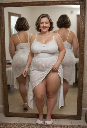 Full portrait picture of a obese 50 year old mature woman, gilf, in a bedroom, mirror wall, reflection, saggy, plump waist, big fupa, puffy cameltoe, wide hips, big hips, fat round face, dark blonde with highlights hair, slicked-back hair, wide bowed lips, lips parted, smiling, laugh lines, wrinkles around eyes, fully dressed, sleeveless sundress, posing, white, blue floral