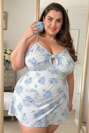 Full portrait picture of a obese 50 year old mature woman, gilf, in a bedroom, mirror, reflection, saggy, plump waist, big fupa, puffy cameltoe, wide hips, big hips, fat round face, brunette with highlights hair, slicked-back hair, wide bowed lips, lips parted, smiling, laugh lines, wrinkles around eyes, fully dressed, spaghetti strap dress, posing, white and blue floral, <lora:KATU-15:.1>