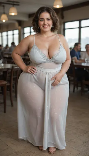 Full portrait picture of a fat obese 50 year old mature woman, gilf, in a fancy restaurant, plump waist, big fupa, puffy cameltoe, wide hips, big hips, fat round face, slicked-back hair, wide bowed lips, lips parted, smiling, laugh lines, wrinkles around eyes, fully dressed, spaghetti strap dress, posing, white and blue floral, wearing a wedding ring with a big diamond on her left hand