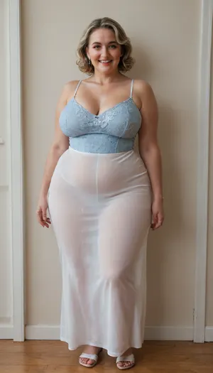 Full portrait picture of a fat obese 50 year old mature woman, gilf, plump waist, big fupa, puffy cameltoe, wide hips, big hips, fat round face, slicked-back hair, wide bowed lips, lips parted, smiling, laugh lines, wrinkles around eyes, fully dressed, spaghetti strap dress, posing, white and blue floral