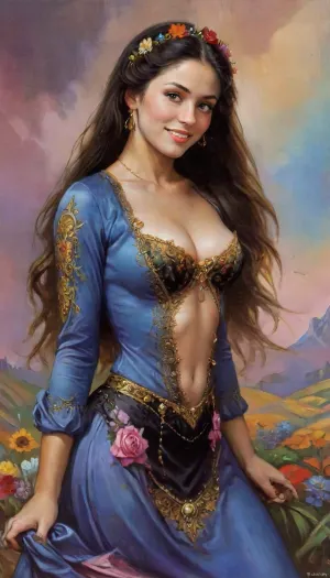fishnet tights, official picture, unity 8k wallpaper, over-detailed, beautiful and aesthetic, masterpiece, best quality, (zentangle, mandala, tangle, Warrior queen, entanglement), (fractal art:1.3), 1girl, golden flowers, extremely detailed, dynamic perspective, the most beautiful form of chaos, elegant, brutalist design, bright colors, romanticism, James Jean, Robie Dwi Antono, Ross Tran, Francis Bacon, Michal Mraz, Adrian Geni, Petra Kortright, Gerhard Richter, atmospheric, (detailed smooth skin), (lean abs:1.3), (golden glow:1.2), (blue, black-haired, (golden curls:1):1.4), (golden curls:1.3), (very long hair:1), (hair bun), (pussy visible, pink pussy, Virgin pussy, (natural round breasts:.8), perfect face, realistic, round natural breasts, perfect tits, pointed nipples, perfect body, beautiful, pronounced feminine facial features, perfect ass, healthy skin tone, fair skin, perfect teeth, perfect eyes, matching eyes, detailed eyes, very detailed iris, long eyelashes, big realistic lips, full lips, sweet smile, perfect mouth, detailed face, ((cute tall tall tall face)), symmetrical face, pleasure face, pleasure emotion, cute tall tall tall doll face, detailed hairstyle, healthy hair, bright hair, very long hair perfect lively eyes, flawless tongue, bright eyes, penetrating gaze, (((a peasant woman in a medieval colourful dress, corsage, model, supermodel, posing, modeling, giving different pose of modeling, unbuttoned blouse, neckline, cleavage, brunette, a fit, very long hair, mascular, young woman of 21 years old, seductive smile, with natural breasts, wide hips, works in the field with her little young male))), ((oktoberfest dress)), (((masterpiece, the best quality))), (wheat field, ears, sickle, sheaves), k3nk3lly, <lora:k3nk3lly:.5>, Art, by, Boris, Vallejo, Style, <lora:Fantasy_art_XL_V1:.5>, fr4z3tt4, <lora:fr4z3tt4:.5>, fantasy, <lora:FDXLFantasyStyleV2:.5>)
