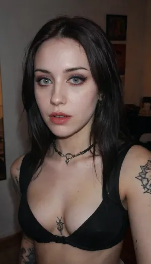 (light flash:2), (Artificial lighting with white hue), Goth Girl, (goth makeup:1.4), white Bra, tattoos, Long, Hairstyle, Optional, Myspace, picture, badquality, olddigitalcamera, leak, film, grain, jpeg, artifacts, res, quality, 90s, style, 80s, Analogic, 1990s, concept, art, realistic, dark, theme, low, light, igbaddie, photo, portrait, raw, lighting, overexposed, harsh, flash, <lora:badquality_v02:.4>, <lora:Old_Digital_Camera:.9>, <lora:Portraits_and_beuty (1):.8>, <lora:Concept Art DarkSide Style LoRA_SeaArt Furry XL 1.0:.1>, <lora:igbaddie-XL:.8>