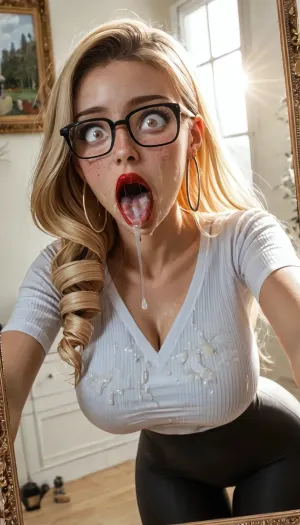 (((UHD 8K, masterpiece, best quality, maximum details, wide hips, shows her hips, natural lighting, extreme realism))), (((real picture effect))), ((evening time)), (((beautiful 25 year old caucasian natural busty girl))), (((perfect face))), ((mouth dripping lot saliva)), (((beautiful))), (personal office), nerd glasses, hoop earrings, (blonde long disheveled drill style hair), (long hair), ((naughty)), ((front bangs)), (long eyebrowns), (big d cup natural drop form breasts), (freckles on face), wide hips, slim waist, big boobs, (Spandex tight naughty yoga pants), (tube shirt), (stilettos), (shocked:1.6), (pov bukkake tits), (((red lipstick))), (((sticky mouth)))