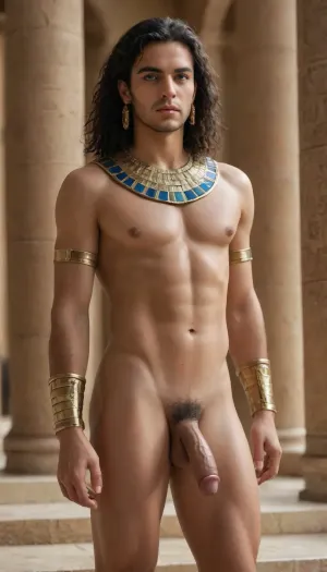 Egyptian king, handsome pharaoh outfit, black pubic hair, uncut penis, slim male, man with thick thighs