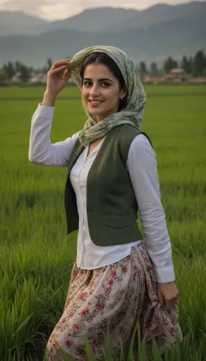 A beautiful young Iranian woman in the rice paddies of Rasht, Iran, during spring. She is wearing elegant, clean, and colorful traditional Gilaki attire, a fitted embroidered vest over a flowing white blouse, a vibrant floral skirt, and a delicately patterned silk scarf loosely draped over her hair. Her look is graceful and welcoming. She stands barefoot in the shallow water, gently placing rice seedlings, with a warm smile. The scene is lush and vibrant — bright green rice fields, misty Alborz mountains in the distance, soft sunlight glowing through light clouds. The image is cinematic, culturally rich, inviting, perfect for tourism promotion.