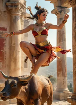 Rating_explicit, score_9, score_8_up, score_7_up, (masterpiece, ultra-detailed, erotic glamour), a dramatic scene of an ancient Minoan bull-leaping ritual, a young athletic woman mid-air flipping over a charging bull, wearing a colorful flowing Minoan outfit with gold jewelry, dynamic movement, ancient Crete palace in the background, vibrant fresco-style colors, muscular bull with motion blur, dust and sunlight in the air, detailed ancient architecture, cinematic composition, historical fantasy style, 4k, highly detailed, masterpiece, 4ng3l, <lora:MJ52:.8>, <lora:SDXL_BetterFaces-LoRA_v1:.8>