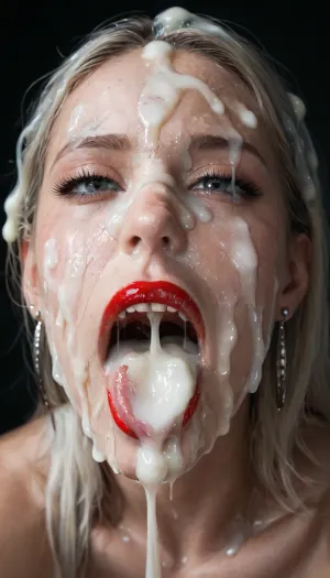 picture of an open mouth with red lipstick, only mouth is visible, extreme close-up, zoom in, huge black 20 inch black BBC dick resting on tongue, cum bursting out of dick, tongue sticking out, (Cum details), realistic cum, Prominent cum, (white cum:1.7), cum on, (Cum flows:1.2), (cum on body:1.3), cum on hair, (cum on face:1.8), excessive cum on face, detail cum on nose, detail cum on neck, thick white cum running, excessive cum dripping from his penis, mouth wide open, moaning, screaming, happy, mouthfull of cum, cum dripping from mouth, black background, black room. cum, on, face, Face covered in cum, (A lot of cum:1.5), ., <lora:JustCum:1>, <lora:cum_in_eye_deepmind:1>