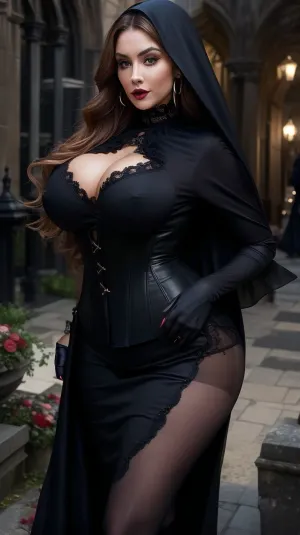 Best quality, masterpiece, high resolution, 8k wallpaper, high quality UHD, high detail 8K, perfect lighting, best shadow, best frame, dark theme.

Red thick lush hair, pulled back in a simple braid, a few strands pulled out to frame her wide cheekbones, nose slightly upturned, lips nicely plump.

European MILF, mature woman 40 years old, MILF figure, muscular build, tall toned build, long slender legs.

Huge tits, huge breasts, big breasts, beautiful breasts, teardrop shaped breasts, big saggy breasts, big dark nipples.

Thick huge ass, round curvy buttocks, toned thighs, curvy lower body, slim waist.

A vampire woman walks through a night cemetery, stars and the moon shine in the sky

**Description of vampire women's clothing**

Vampire women's clothing is a combination of elegance, mysticism and sex appeal. This image draws inspiration from Gothic aesthetics, Victorian fashion and modern fantasy culture. Its main task is to create an aura of mystery, strength and eternal beauty.

### Main features of the image, #### 1. **Silhouette and cut**

* **Fitted dresses** with a corset or deep neckline.
* **Long evening dresses**, wavy, flowing behind the figure, with drapery or a train.
* **Variations on the theme of Gothic or medieval robes**, long sleeves-"wings", high collars, capes.

#### 2. **Fabrics**

* **Velvet** — the main fabric for the vampire image, deep texture, drama.
* **Silk, satin, lace** — for luxury and sexuality.
* **Tulle, mesh** — as translucent elements or for drapery.

#### 3. **Colors**

* **Black** — the dominant color.
* **Burgundy** — is associated with blood and passion.
* **Purple, navy blue, gray** — add depth and an aristocratic look.
* Contrasting **white elements** — for example, leather or inserts — emphasize "deadness".

#### 4. **Accessories**

* **Chokers** — often with red stone or lace.
* **Hats, veils, capes with hoods**.
* **Long gloves**, lace stockings.
* **Rings, brooches, earrings** with Gothic motifs, crosses, bats, roses, skulls.

#### 5. **Shoes**

* **Heeled boots**, patent leather shoes or ankle boots.
* Pointed toes or elegant shapes.

#### 6. **Makeup and hairstyle, (as a complement to the image), **

* Pale skin, dark lips, emphasis on the eyes.
* Hair, loose, wavy or with retro elements, (Victorian curls), ., xtrpawg, ass, <lora:xtrpawg:.8>