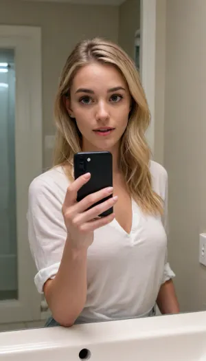 The image depicts a young woman taking a selfie in a bathroom mirror, with her phone held in front of her face. The purpose of the image is to showcase the woman's appearance and to promote the website www.pornworks.ai. Here are the key features of the image, * A young woman is taking a selfie in a bathroom mirror, + She has long blonde hair and is facing the camera. + Her expression is neutral, with a slight smile. * She is holding a phone in front of her face, + The phone is a dark-colored iPhone with two cameras on the back. + The woman's hand is gripping the phone firmly, with her thumb on the screen. * The phone is black and has two cameras on the back, + The cameras are positioned vertically, one above the other. + The phone's casing is matte, giving it a sleek appearance. * The background of the image shows a bathroom mirror, + The mirror is rectangular and has a simple frame. + The wall behind the mirror is beige, with a white trim around the edges. * There is a sink and a faucet in the background, + The sink is white and oval-shaped, with a single handle for the faucet. + The faucet is also white and has a single spout.