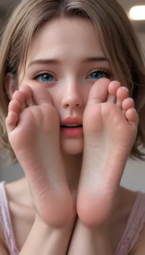 (Male), (UHD), (4K), a very young 18 year old natural very petite cutie, (very close up, detailed, very pink sole of her cute little foot is in his face, intricate wiggling toes, foot fetish, close up foot, (feet in your face), soles of feet, soles focus, very pink soles)