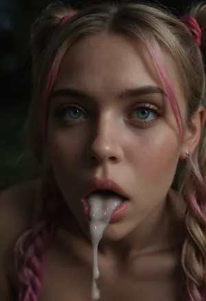 Close up of tits, huge round tits, huge perky tits, huge firm tits, tits are covered in excessive cum, Juliet Starling, blonde pigtails with pink highlights at the ends, mouth open, oral creampie, outdoors at night, <lora:dark:.8>, <lora:SDXLHighDetail_v6-000005:.8>