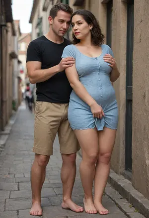 ((1 Scandinavian hetero couple, 1 man 25, 1 woman 48)), (juicy brunette 48 years old, slightly plump, barefoot with thick ankles), came to the well, (the village man lifted the hem of her skirt high), (pulled his pants down to his knees), and, (pressed tightly against the woman from behind), hugged, (holding the hem with one hand and squeezing the woman's breast with the other), half-turned view, (the hem is raised above the hips), the image quality is simply magnificent, 8K, UHD and ultra-high resolution, RAW file with realistic textures. The woman's face is perfect., FACE, pureerosface_v1