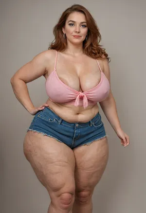 60 year old mature, gilf, fat, obese, huge hips, very wide hips, narrow waist, fully dressed, long hair, straight hair, auburn, blue eyes, big eyes, pink satin highwaist shorts, big fupa, downblouse, areola slip, pink satin camisole, (cellulite:1.4)