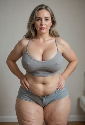 Armenian, 85 year old mature, gilf, fat, obese, huge hips, very wide hips, narrow waist, fully dressed, long hair, straight hair, gray, blue eyes, big eyes, gray satin highwaist shorts, big fupa, downblouse, nipslip, areola slip, satin material, gray satin camisole, (cellulite:1.4), cameltoe