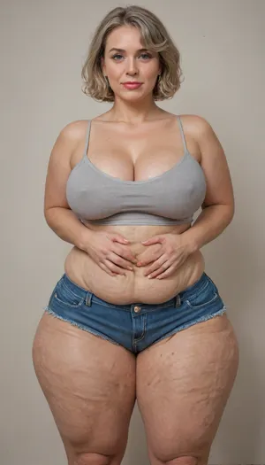 Armenian, 85 year old mature, gilf, fat, obese, huge hips, very wide hips, narrow waist, fully dressed, bob cut, straight hair, gray, big eyes, pink satin highwaist shorts, big fupa, downblouse, nipslip, areola slip, satin material, gray satin camisole, (cellulite:1.4)