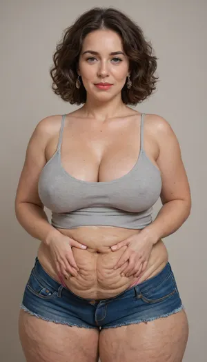 Armenian, 85 year old mature, gilf, fat, obese, huge hips, very wide hips, narrow waist, fully dressed, straight hair, gray, big eyes, pink satin highwaist shorts, big fupa, downblouse, nipslip, areola slip, satin material, gray satin camisole, (cellulite:1.4), saggy, droopy