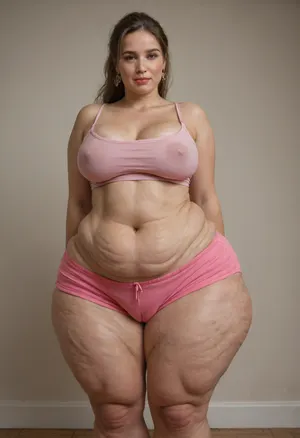 85 year old mature, gilf, fat, obese, huge hips, very wide hips, narrow waist, fully dressed, straight hair, gray, big eyes, pink satin highwaist yoga shorts, big fupa, downblouse, nipslip, areola slip, satin material, gray satin camisole, (cellulite:1.4), saggy, droopy, slutty, ponytail, cameltoe