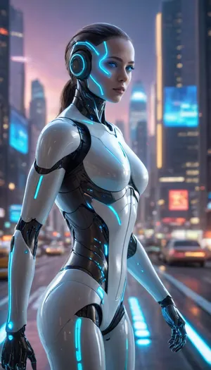 A futuristic artificial intelligence control center, glowing with blue and neon lights, filled with floating holographic interfaces, intelligent robots interacting with data streams, and a humanoid AI figure with translucent skin showing circuits and neural networks. Background features a high-tech city skyline with flying cars and digital billboards displaying AI-generated content. The atmosphere is sleek, clean, and high-tech, with a sense of innovation and limitless possibility. Ultra-realistic style, 8K resolution, cinematic lighting, science fiction art style."