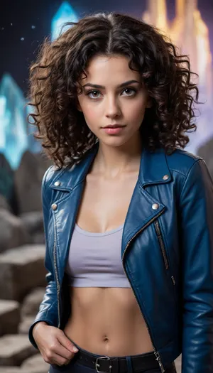 Create image in long shot and ultra wide angle and style should be cinematic, sci-fi comic book of Maya, (American Female, 24, wiry, long black curly hair, hazel eyes, fair skin, blue worn leather jacket), trembling with pain in a Starweaver dimension, her expression resolute, violet energy faintly glowing around her, with a massive crystal and floating citadels in the background. Background theme will be alien dimension, massive crystal, floating citadels, glowing energy, emotional endurance.
