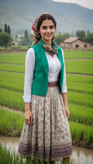 A beautiful young Iranian woman in the rice paddies of Rasht, Iran, during spring. She is wearing elegant, clean, and colorful traditional Gilaki attire, a fitted embroidered vest over a flowing white blouse, a vibrant floral skirt, and a delicately patterned silk scarf loosely draped over her hair. Her look is graceful and welcoming. She stands barefoot in the shallow water, gently placing rice seedlings, with a warm smile. The scene is lush and vibrant — bright green rice fields, misty Alborz mountains in the distance, soft sunlight glowing through light clouds. The image is cinematic, culturally rich, inviting, perfect for tourism promotion.