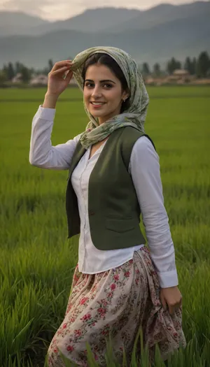 A beautiful young Iranian woman in the rice paddies of Rasht, Iran, during spring. She is wearing elegant, clean, and colorful traditional Gilaki attire, a fitted embroidered vest over a flowing white blouse, a vibrant floral skirt, and a delicately patterned silk scarf loosely draped over her hair. Her look is graceful and welcoming. She stands barefoot in the shallow water, gently placing rice seedlings, with a warm smile. The scene is lush and vibrant — bright green rice fields, misty Alborz mountains in the distance, soft sunlight glowing through light clouds. The image is cinematic, culturally rich, inviting, perfect for tourism promotion.