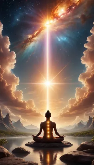 "A divine and serene scene showing a person meditating in a glowing aura of light, connected to the divine energy. A celestial atmosphere with golden rays descending from the sky, enveloping the figure in peace. The background features a tranquil landscape with soft clouds, subtle stars, and a cosmic energy flow. The person sits in a lotus position, receiving divine inspiration and guidance. The ambiance is warm, harmonious, and deeply spiritual, radiating a sense of connection with the universe."
